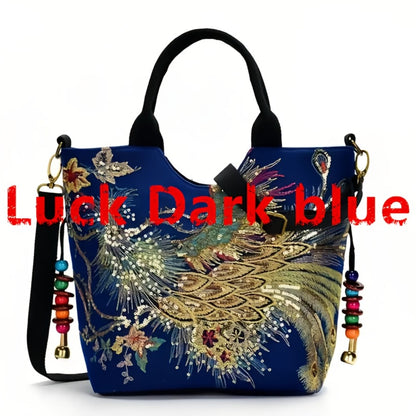 Shoulder Bag for Women – Multi-Pocket, Peacock Embroidery Sequin Ethnic Boho – detail view 4