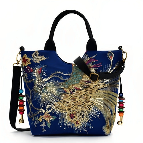 Shoulder Bag for Women – Multi-Pocket, Peacock Embroidery Sequin Ethnic Boho – front view