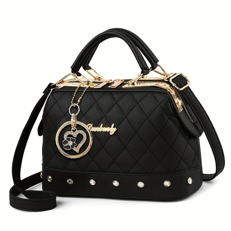 Shoulder Bag for Women – Quilted, Quilted Boston Rhinestone Heart Ornament – detail view 12