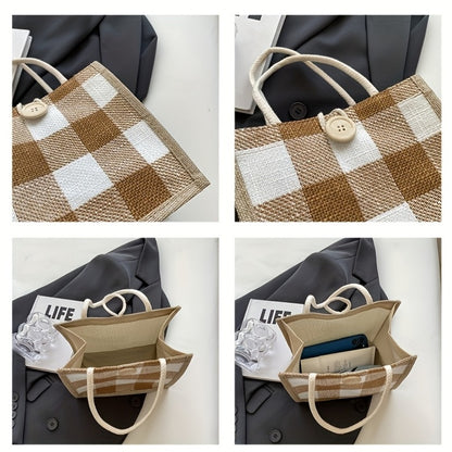 Tote Bag for Women – for Everyday Use, Plaid Jute Vintage Woven Gift – detail view 10
