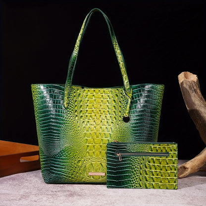 Tote Bag for Women – Large Capacity, Crocodile Pattern Two Piece Set – detail view 3