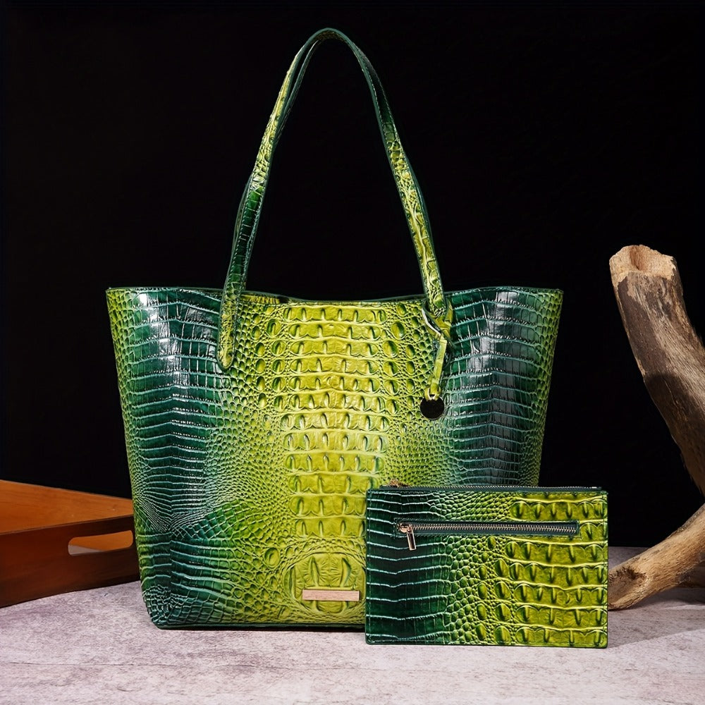 Tote Bag for Women – Large Capacity, Crocodile Pattern Two Piece Set – detail view 17