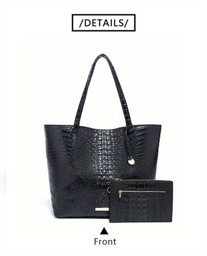 Tote Bag for Women – Large Capacity, Crocodile Pattern Two Piece Set – detail view 27