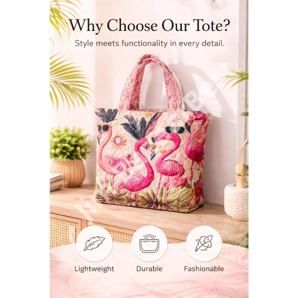 Tote Bag for Women – Quilted, Flamingo Tropical Summer Quilted Applique – detail view 9