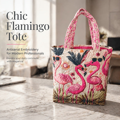 Tote Bag for Women – Quilted, Flamingo Tropical Summer Quilted Applique – front view