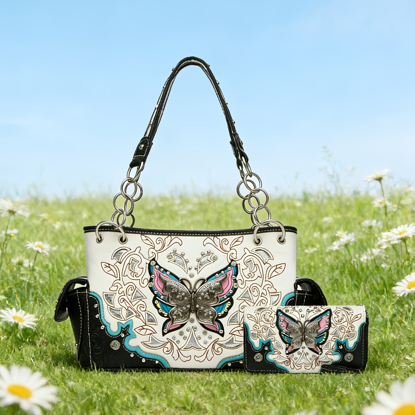 Women's Wallet – Adjustable Strap, Western Style Rhinestone Butterfly Flower – detail view 17