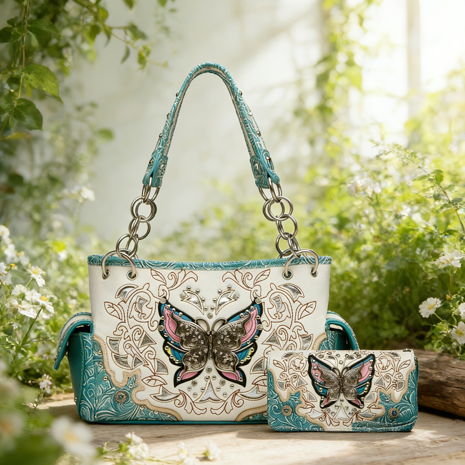 Women's Wallet – Adjustable Strap, Western Style Rhinestone Butterfly Flower – detail view 16