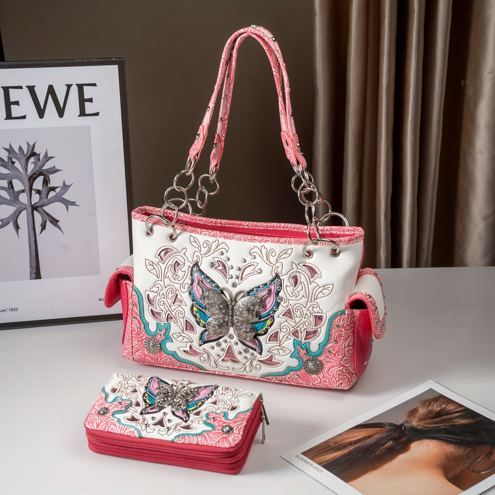 Women's Wallet – Adjustable Strap, Western Style Rhinestone Butterfly Flower – detail view 7
