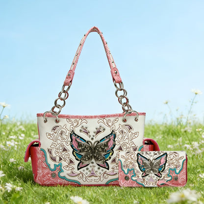 Women's Wallet – Adjustable Strap, Western Style Rhinestone Butterfly Flower – front view