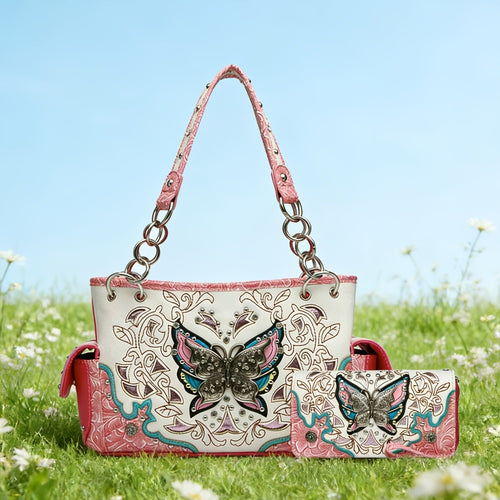 Women's Wallet – Adjustable Strap, Western Style Rhinestone Butterfly Flower – front view