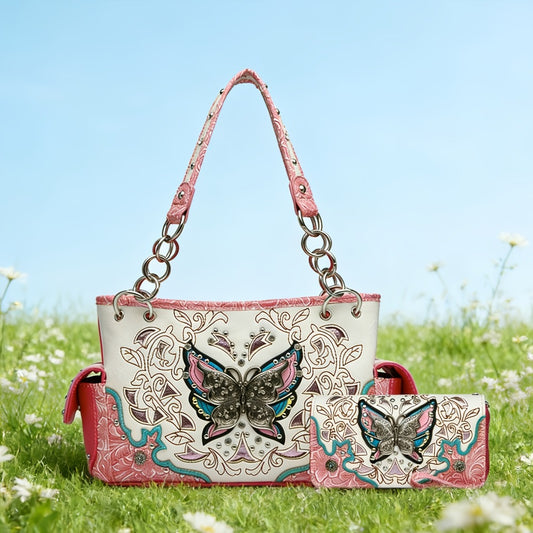 Women's Wallet – Adjustable Strap, Western Style Rhinestone Butterfly Flower – front view