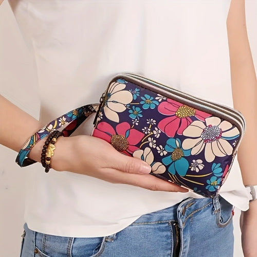 Women's Wallet – for Everyday Use, Floral Layer Zipper Multi Compartment – front view