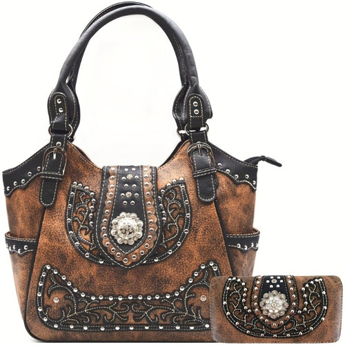 Women's Wallet – Multi-Pocket, Western Cowgirl Rhinestone Studded Set – front view