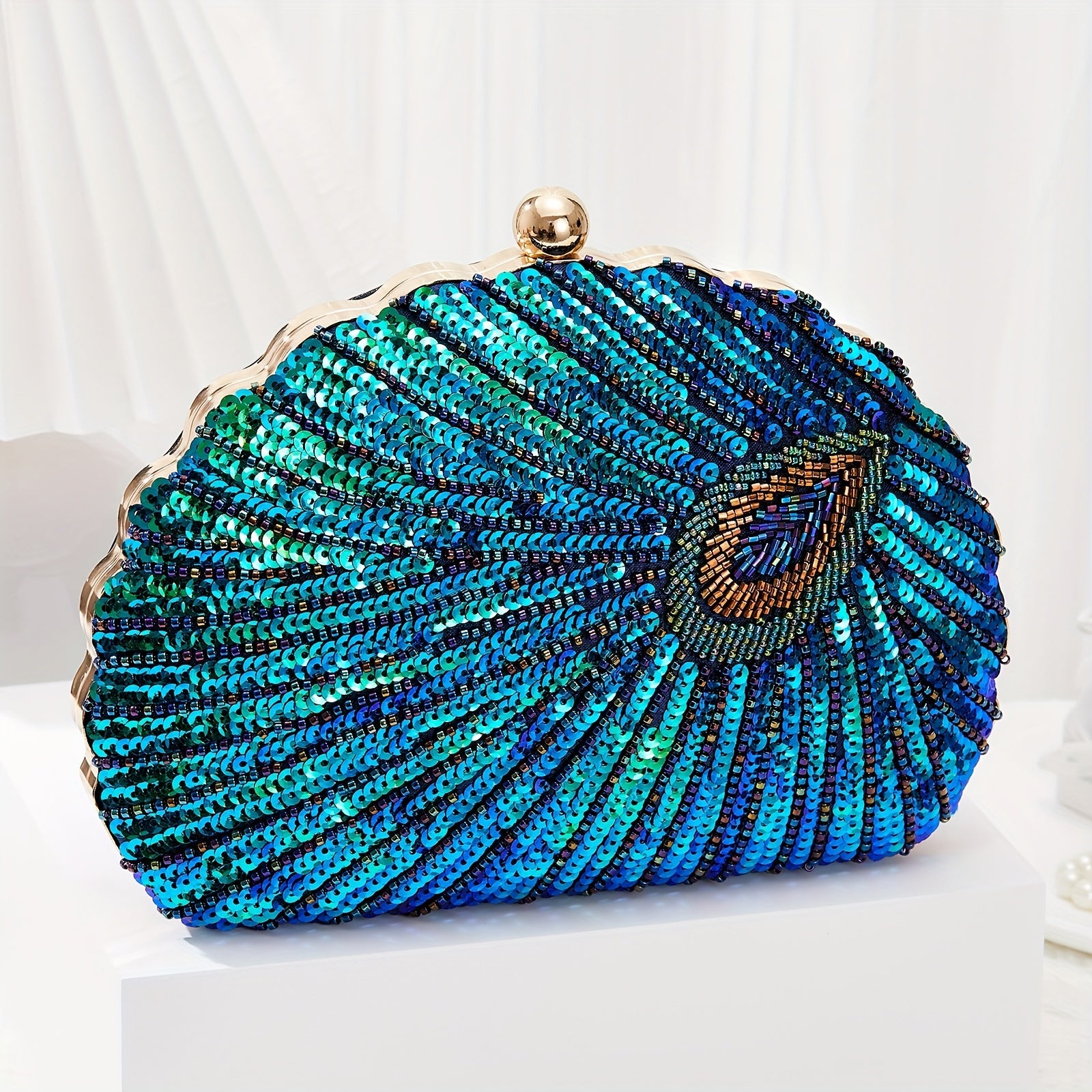 Women's Wallet – Peacock Feather Sequin Evening Clutch – front view - product view 12