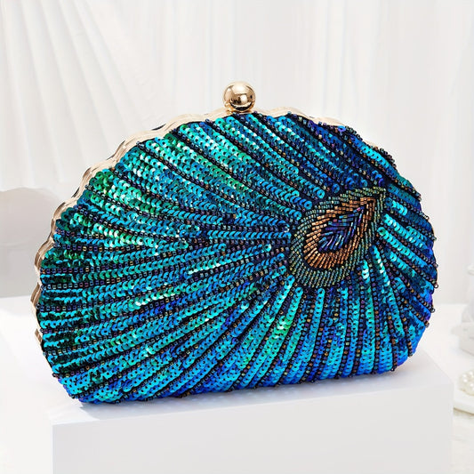 Women's Wallet – Peacock Feather Sequin Evening Clutch – front view
