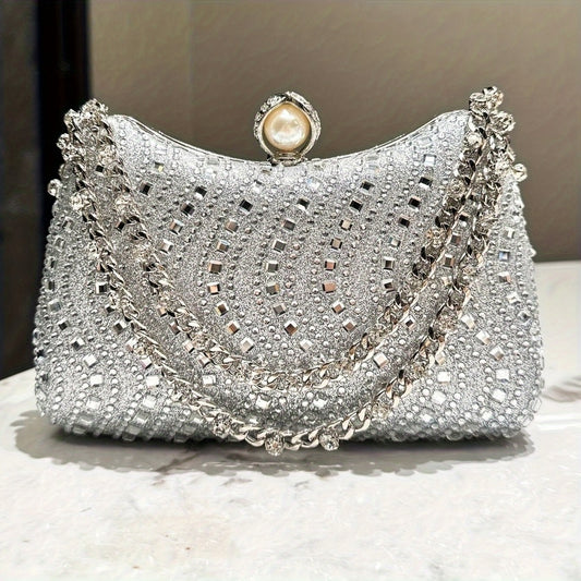Women's Wallet – Rhinestone Clutch Striped Detachable Chain – front view