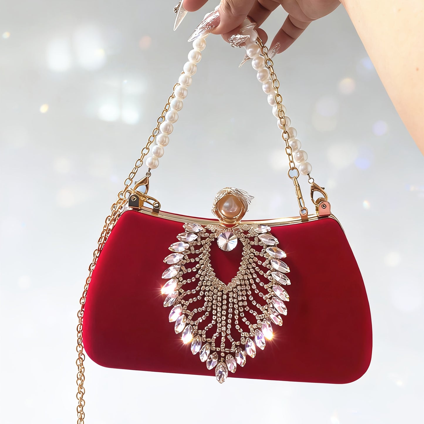 Women's Wallet – Velvet Evening Clutch Rhinestone Pearl – front view - product view 21